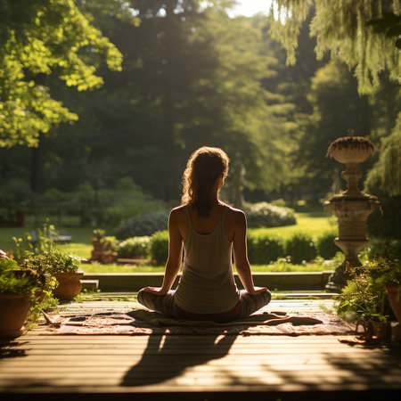 Young woman practicing yoga in the garden at sunset. Healthy lifestyle concept.の素材
