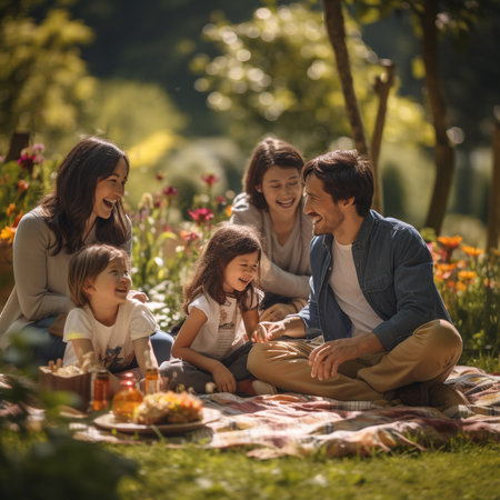 Happy family picnicking in the garden. Mother, father and children having fun together.の素材