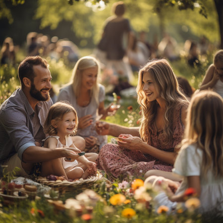 Happy family on a picnic in the park. Mother, father and daughter are having fun together.の素材