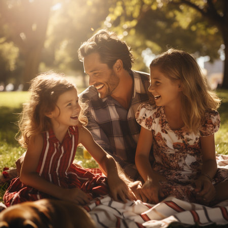 Happy family spending time together in the park. Father, mother and daughter having fun outdoors.の素材