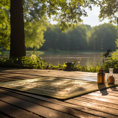Wooden table with a cup of tea on the background of a lakeの素材