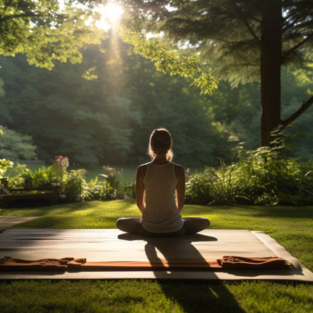 Young woman practicing yoga in the garden at sunset. Healthy lifestyle concept.の素材