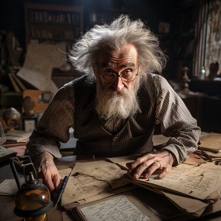 Old man with long gray hair and beard sitting at the table with old books.の素材