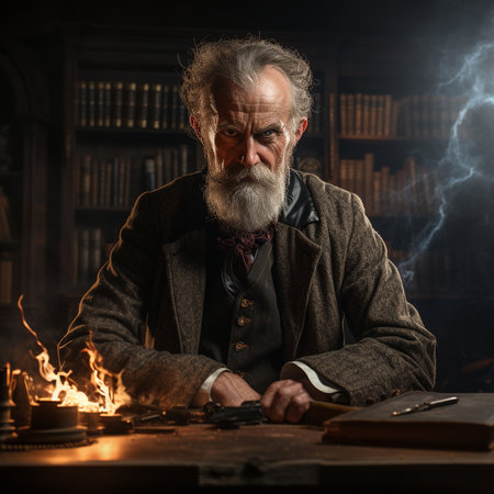 Portrait of a senior man sitting at his desk in his home office.の素材