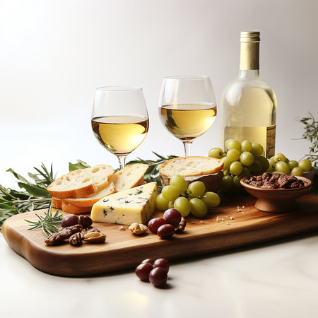 White wine, cheese and grapes on wooden board over white background.の素材