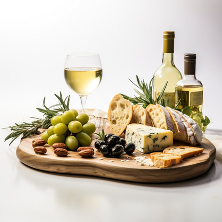 Cheese platter with wine, olives and bread on white backgroundの素材