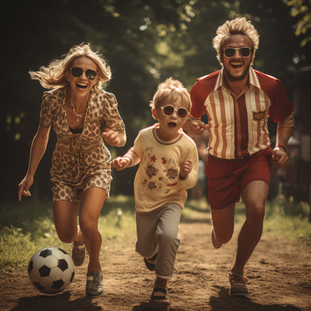 Happy family playing football in the park. Father, mother and son having fun together.の素材