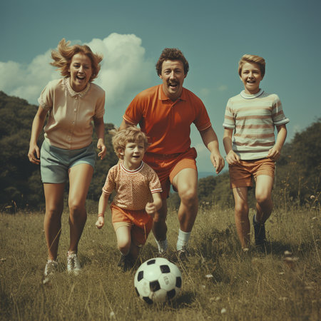 Happy family playing football on the field in summer. Mother, father, son and daughter are having fun together.の素材