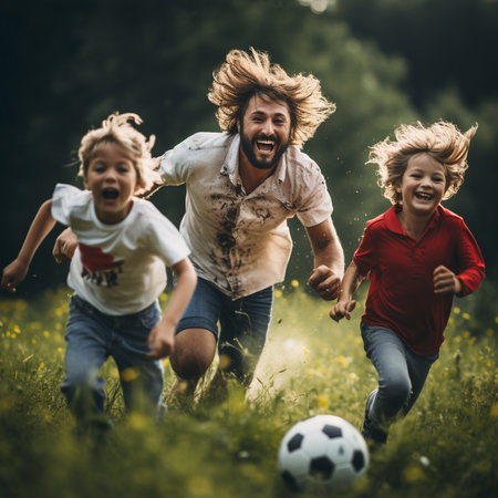 Happy family playing soccer in nature. Father and children having fun outdoors.の素材
