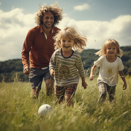Father and children playing football in the field. Happy family having fun outdoors.の素材
