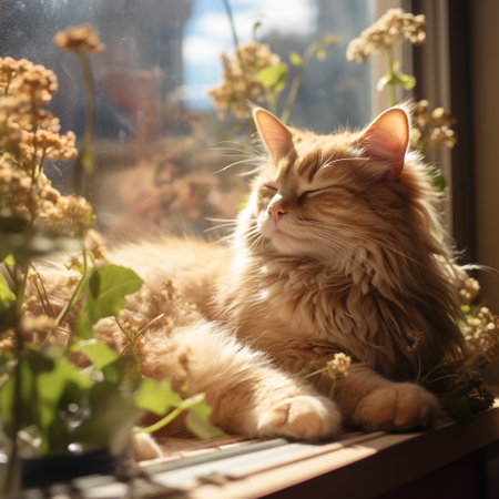 Beautiful ginger cat on the windowsill. Fluffy cap.の素材