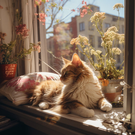 Siberian cat lying on the windowsill. Fluffy cap.の素材