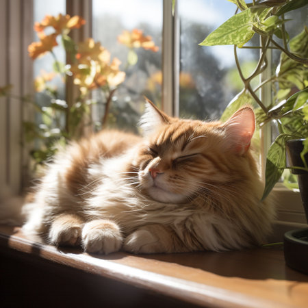 Cute ginger cat sleeping on the windowsill. Fluffy cap.の素材