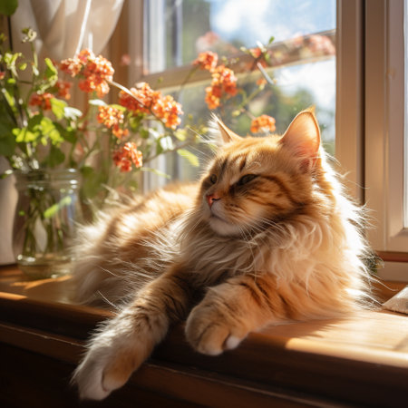 Siberian cat lying on the window sill and looking out the windowの素材
