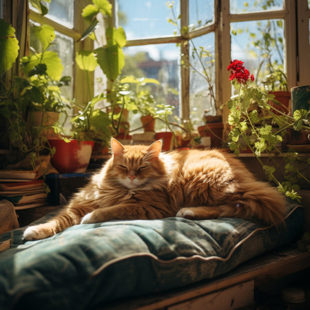 Cute ginger cat sleeping on the windowsill. Fluffy capの素材