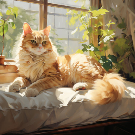 Ginger cat lying on the bed. Fluffy cap. Cozy home.の素材