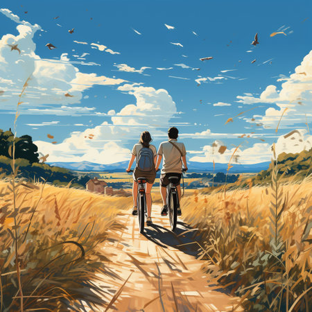 Rear view of a couple riding bicycles in a wheat field.の素材