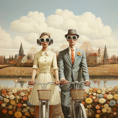 Couple in love with vintage bicycle. Photo in retro style.の素材