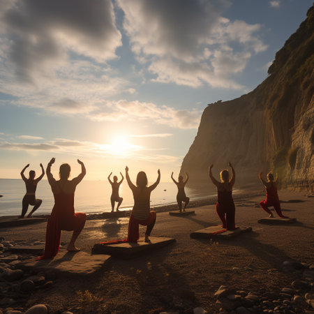 Yoga on the beach at sunset. The concept of healthy lifestyleの素材