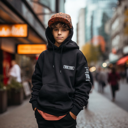 Portrait of a teenage boy in a cap and hoodie on the streetの素材