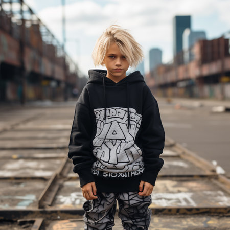 Portrait of a boy in a hoodie on the background of the cityの素材