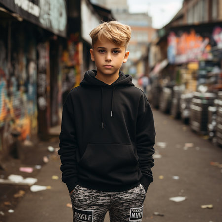 Portrait of a young boy in a black sweatshirt in the city.の素材