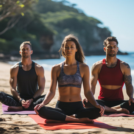 Group of people practicing yoga on the beach. Selective focus.の素材