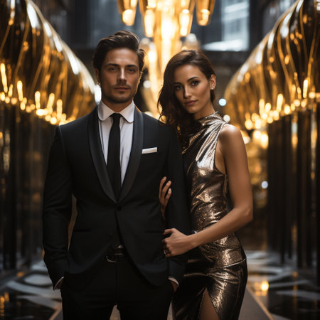 Handsome man and beautiful woman in elegant evening dresses posing in the cityの素材