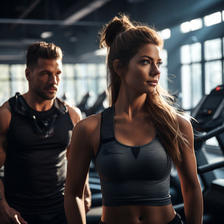 Attractive young woman and man in sportswear are working out in gym.の素材