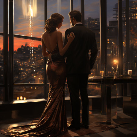Beautiful young couple in evening dresses on the background of a panoramic windowの素材