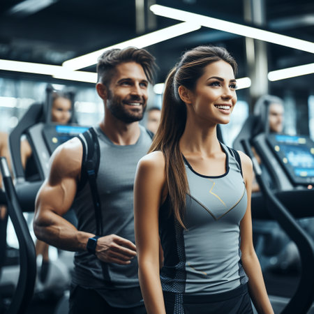 Sporty young couple training in gym. Sport, fitness and healthy lifestyle concept.の素材