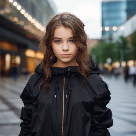 Portrait of a beautiful young girl in a black coat on the streetの素材