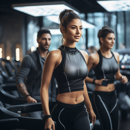 Beautiful young woman and man training on treadmills in gymの素材