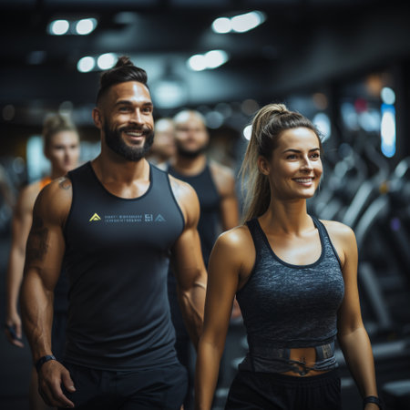 Portrait of fit young couple looking at camera while standing in gymの素材