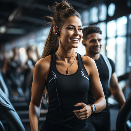selective focus of smiling sportswoman running on treadmill in gymの素材