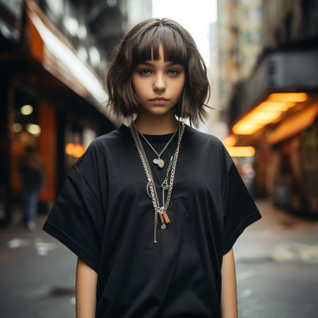 Fashionable young woman in black dress posing on the street.の素材