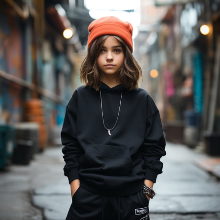Portrait of a beautiful girl in a hat on the street.の素材
