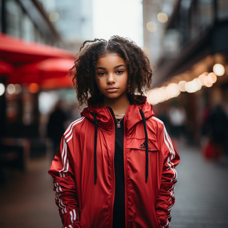 Beautiful young african american woman with afro hairstyle in red jacket posing on the street.の素材