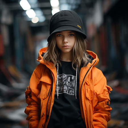 Stylish young girl in a black cap in an orange jacket in the cityの素材