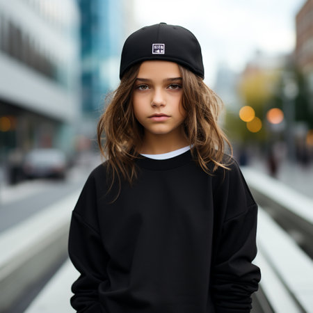 Outdoor fashion portrait of young beautiful girl in black clothes and capの素材