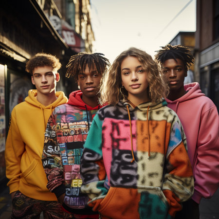 Group of three african american and caucasian teenagers in colorful hoodies standing on the street.の素材