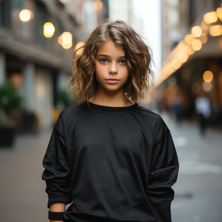 Portrait of a beautiful young girl in a black sweatshirt on the streetの素材