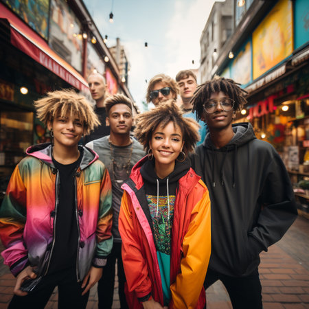 Group of young people having fun in the city. Street fashion.の素材