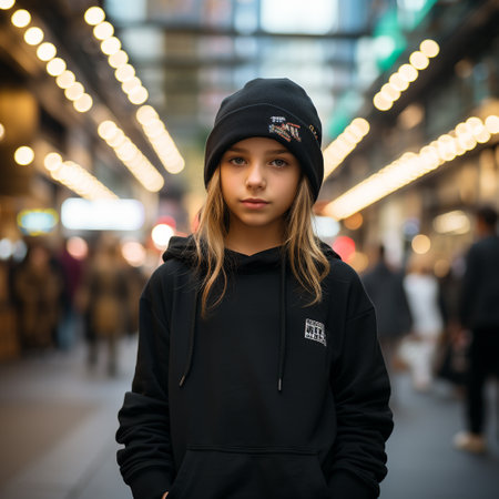 Outdoor portrait of cute little girl in a black cap and hoodie posing in the city.の素材