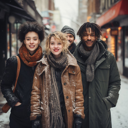 Group of friends having fun on a snowy day in the city.の素材