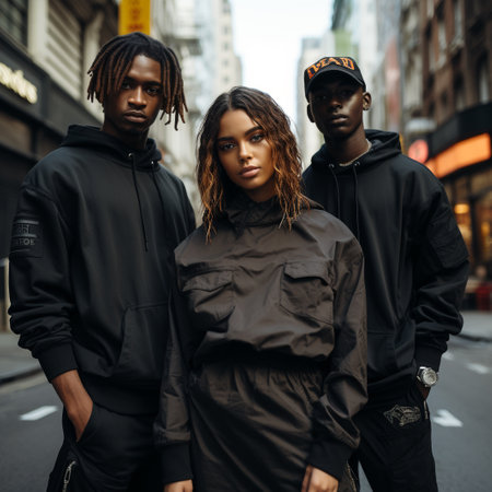 Fashionable african american and european man and woman in black overalls posing in the cityの素材