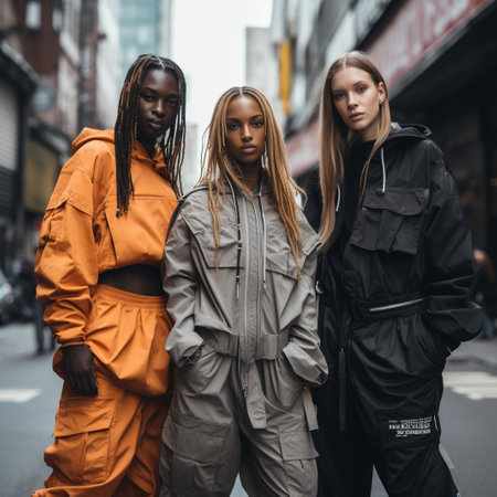 beautiful multicultural girls in raincoats walking on street in cityの素材
