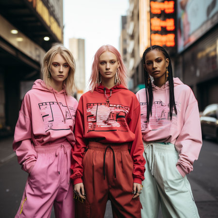 fashionable girls in pink sportswear posing on street, lifestyle people conceptの素材
