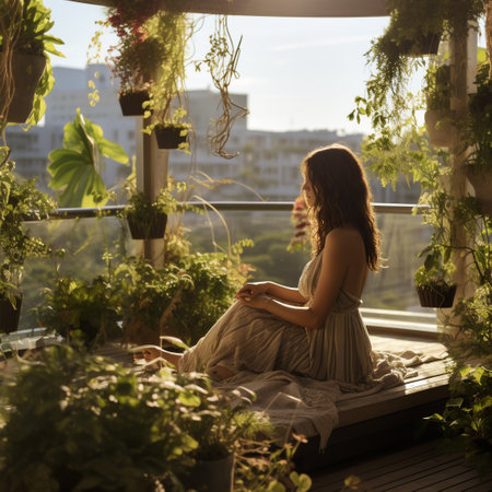 Young woman sitting on the terrace at home and reading a bookの素材