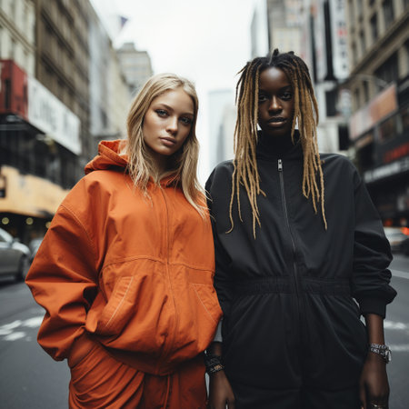 Two fashionable young women in orange raincoat posing on the street.の素材